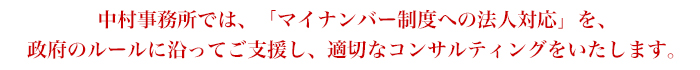 中村事務所では、「マイナンバー制度への法人対応」を、政府のルールに沿ってご支援し、適切なコンサルティングをいたします。